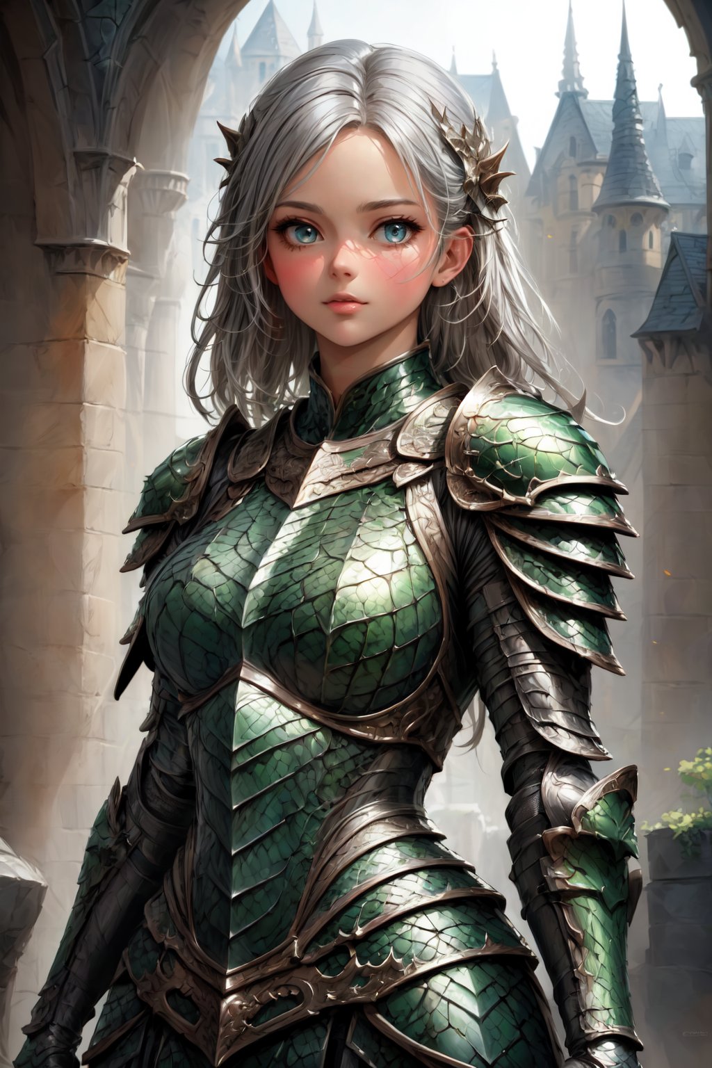 (((Top Quality: 1.4))), (Unparalleled Masterpiece), (Ultra High Definition), (Art by Carne Griffiths), (Ultra-Realistic 8k CG), official art,attractive posing, female gladiator, stunningly beautiful cleaned face,highly detailed armor , messy Hair,  muscular_body:1.4, tanned skin:1.4,,large breasts,( stone buildings background),sunlight makes beautiful gradient of shadow and adds depth to image, (muted colors, dim colors, muted tones: 1.3), low saturation, (hyper detail: 1.2), perfect anatomy,(upper body image :1.5),Female,dragon armor