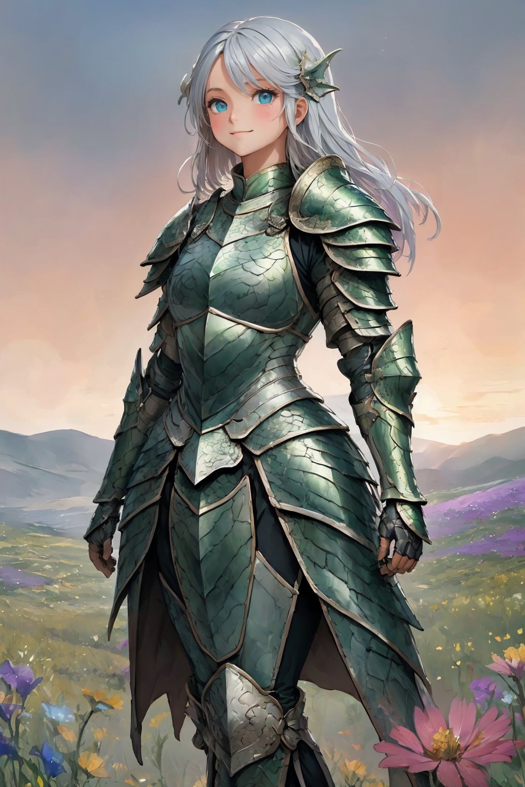 Watercolor illustration of a dreamy girl in armor, walking in a field of wildflowers at sunsetAnime-style portrait of a teenage girl with sparkling blue eyes and a gentle smile,dragon armor