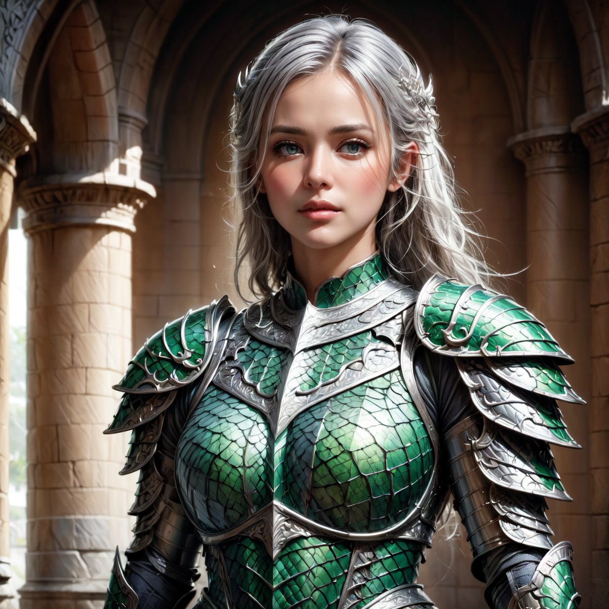 (((Top Quality: 1.4))), (Unparalleled Masterpiece), (Ultra High Definition), (Art by Carne Griffiths), (Ultra-Realistic 8k CG), official art,attractive posing, female gladiator, stunningly beautiful cleaned face,highly detailed armor , messy Hair,  muscular_body:1.4, tanned skin:1.4,( stone buildings background),sunlight makes beautiful gradient of shadow and adds depth to image, (muted colors, dim colors, muted tones: 1.3), low saturation, (hyper detail: 1.2), perfect anatomy,(upper body image :1.5),Female,dragon armor