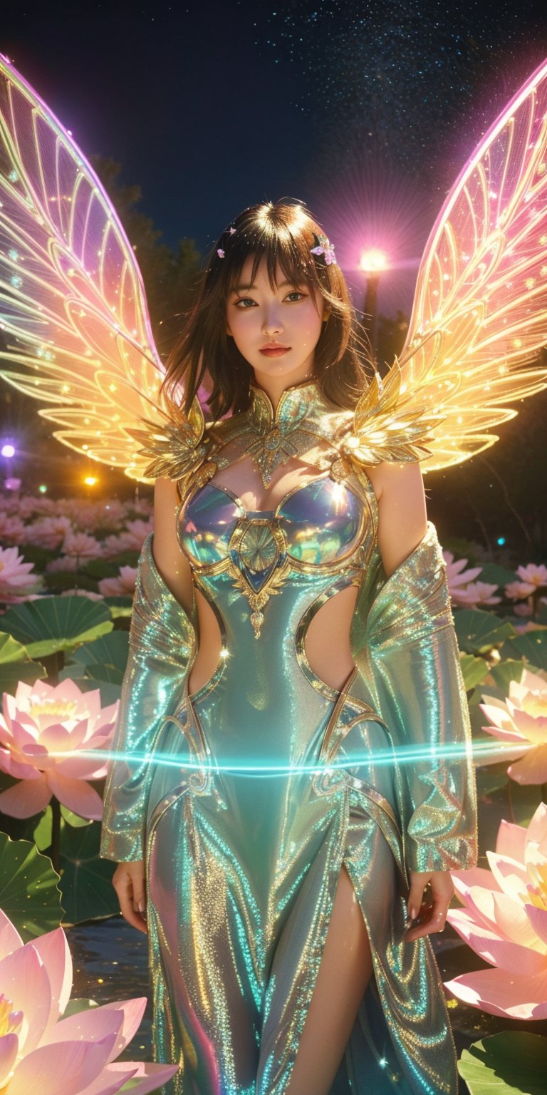 A young woman with glowing cybernetic wings emerges from a holographic lotus bloom, its petals shimmering with dewdrops, ready to explore the neon wilderness. (cinematic, fantastical, detailed, adventurous)
,Detailedface,photorealistic,Realism,Masterpiece,glittering