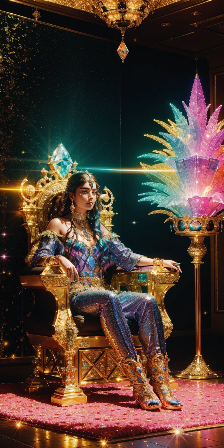  A lone ruler sits upon a holographic throne, adorned with glittering jewels and holographic flames, contemplating the fate of their neon kingdom. (cinematic, majestic, detailed, introspective)
,Detailedface,photorealistic,Realism,Masterpiece,glittering