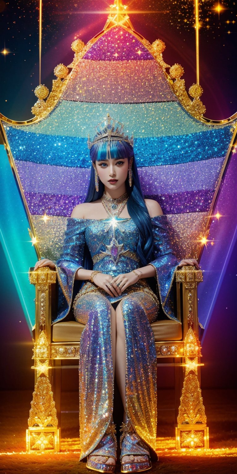  A lone ruler sits upon a holographic throne, adorned with glittering jewels and holographic flames, contemplating the fate of their neon kingdom. (cinematic, majestic, detailed, introspective)
,Detailedface,photorealistic,Realism,Masterpiece,glittering