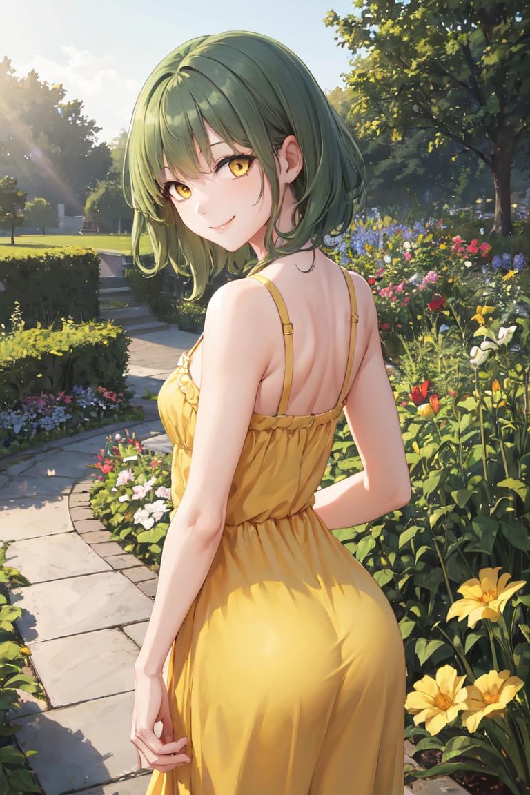 masterpiece, best quality, absurdres, perfect anatomy, 1girl, solo, green hair, yellow eyes, medium hair, from behind, (yellow sundress), garden, day, sunshine, smile, looking back, smile