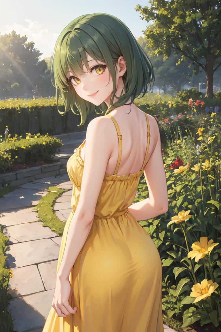 masterpiece, best quality, absurdres, perfect anatomy, 1girl, solo, green hair, yellow eyes, medium hair, from behind, (yellow sundress), garden, day, sunshine, smile, looking back, smile