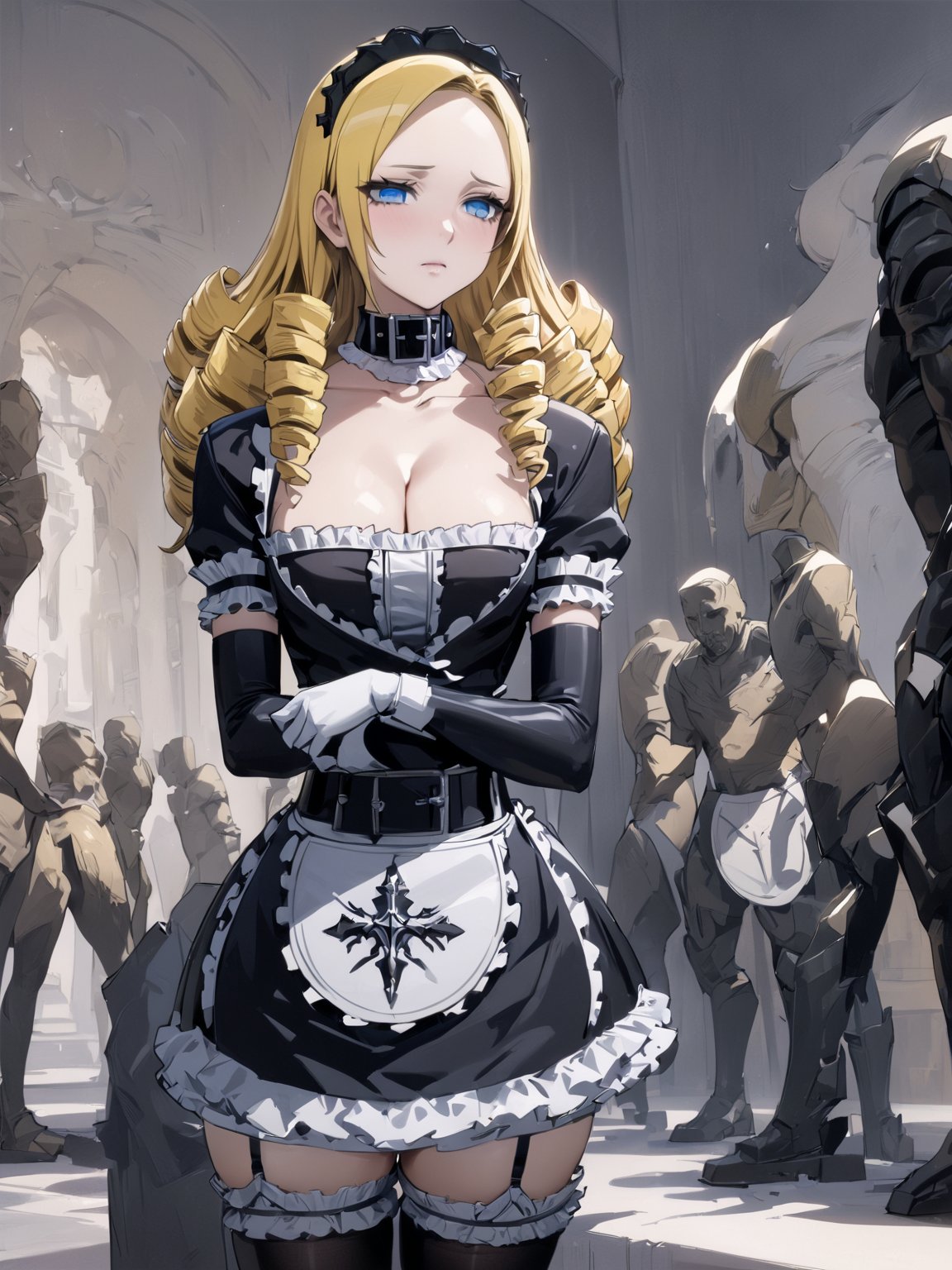 //Quality,
masterpiece, best quality, detailed
,//Character,
1girl, solo
,//Fashion,
,//Background,
,//Others,
,solution epsilon \(overlord\), 1girl, blue eyes, drill hair, blonde hair, breats, maid, black dress, cleavage, elbow gloves, collar, frilled skirt, thighhighs, garter straps, armored boots