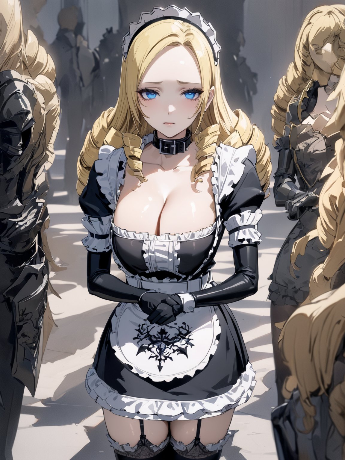 //Quality,
masterpiece, best quality, detailed
,//Character,
1girl, solo
,//Fashion,
,//Background,
,//Others,
,solution epsilon \(overlord\), 1girl, blue eyes, drill hair, blonde hair, breats, maid, black dress, cleavage, elbow gloves, collar, frilled skirt, thighhighs, garter straps, armored boots