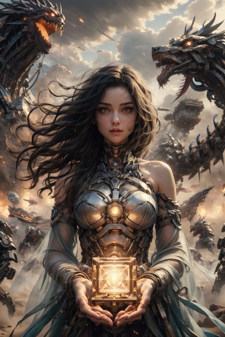 (((masterpiece))),best quality, illustration,(beautiful detailed girl), a girl ,solo, bare shoulders,big eyes,beautiful detailed cold face,very long black hair, all black dress , floaing light cube ,wavy hair,black sleeves, looking far away , (depth) of (field) sand sky 
war scene, war machine , holding light cube on hand , dargon flying ,,More Detail,more detail , 