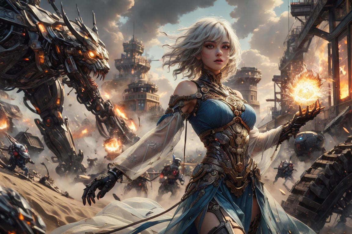 (((masterpiece))),best quality, illustration,(beautiful detailed girl), a girl ,solo, bare shoulders,big eyes,beautiful detailed cold face, short white hair, dark blue dress , floaing light cube ,wavy hair,black sleeves, looking far away , (depth) of (field) sand sky 
war scene, war machine , holding shinning fire on hand , machine tiger ,More Detail,more detail , 