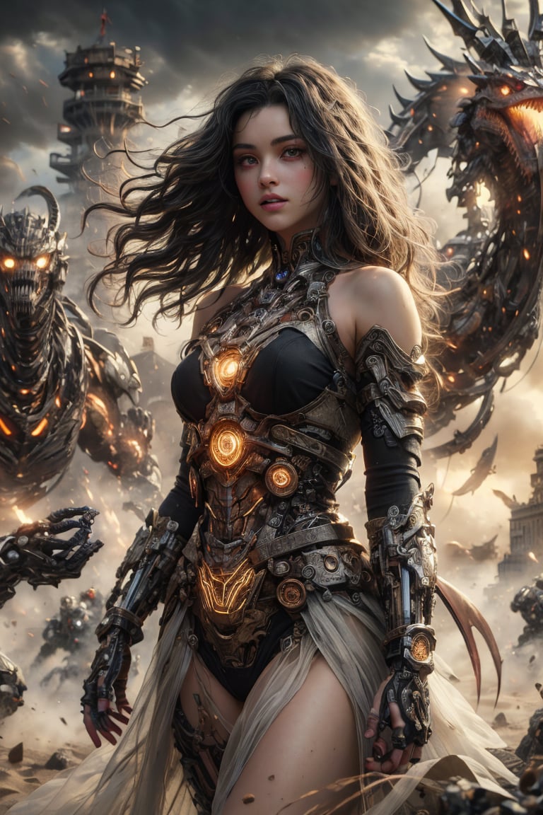 (((masterpiece))),best quality, illustration,(beautiful detailed girl), a girl ,solo, bare shoulders,big eyes,beautiful detailed cold face,very long black hair, all black dress , floaing light cube ,wavy hair,black sleeves, looking far away , (depth) of (field) sand sky 
war scene, war machine , holding light cube. , dargon flying ,,More Detail,more detail , 