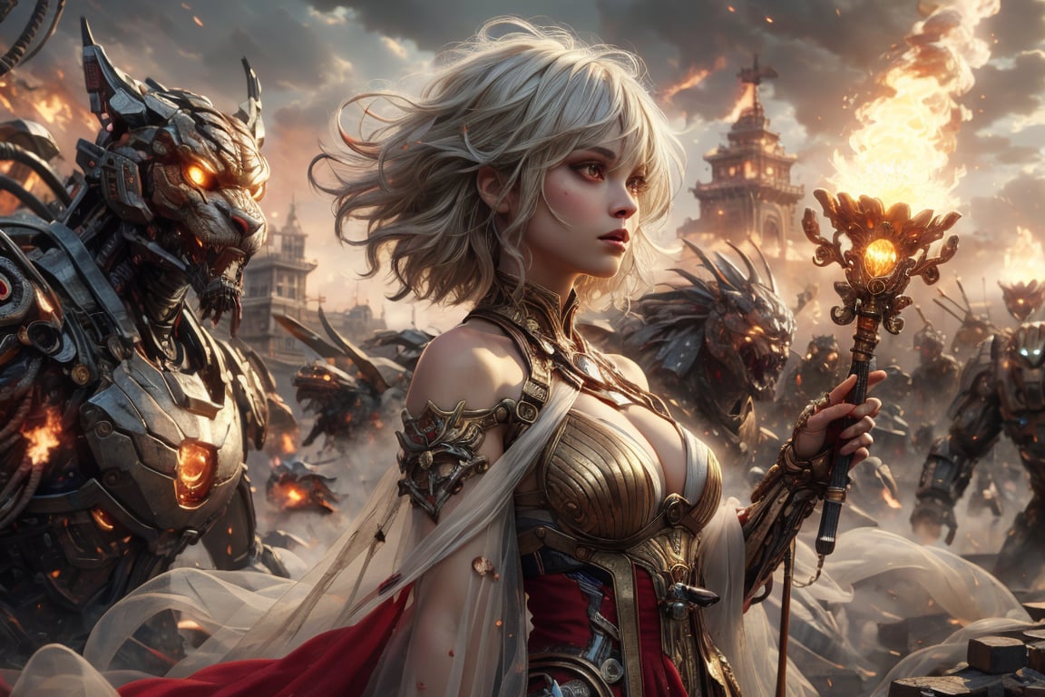 (((masterpiece))),best quality, illustration,(beautiful detailed girl), a girl ,solo, bare shoulders,big eyes,beautiful detailed cold face, short white hair, dark red dress , floaing light scepter ,wavy red hair,gold sleeves, looking seriously  , (depth) of (field) sand sky 
war scene, war machine , holding shinning fire on hand , machine tiger ,More Detail,more detail , bloody