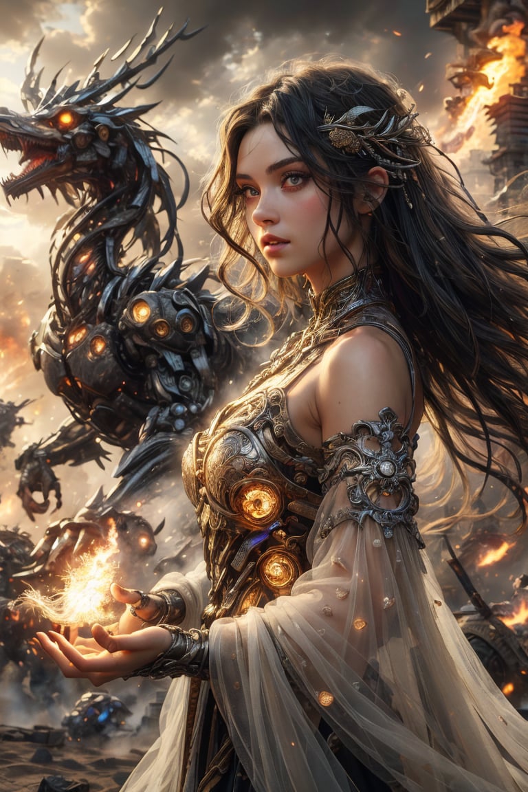 (((masterpiece))),best quality, illustration,(beautiful detailed girl), a girl ,solo, bare shoulders,big eyes,beautiful detailed cold face,very long black hair, all black dress , floaing light cube ,wavy hair,black sleeves, looking far away , (depth) of (field) sand sky 
war scene, war machine , holding shinning fire on hand , dargon flying ,,More Detail,more detail , 