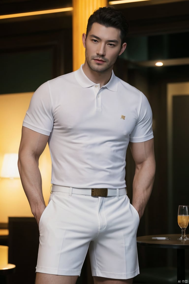  1man,fashion model,male focus,(masterpiece, realistic, best quality, highly detailed,profession),asian,exquisite facial features,handsome,deep eyes,large pectorales,(tight white Short sleeves polo),underwear,full shot,in pub,night lighting,neon, cinematic composition,blurry,jzns,