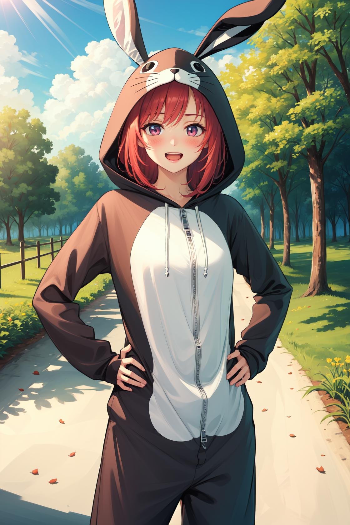 masterpiece, best quality, highres,PajamAnimal, 1girl, solo, blush, animal ears, bunny ears, hood, hoodie, animal hood, animal costume, bunny hood, bunny costume, pajamas, bunny tail,cowboy shot, hands on hips, looking at viewer, forest, sunlight, cloudy, laughing, <lora:Concept_Pajamas:1>