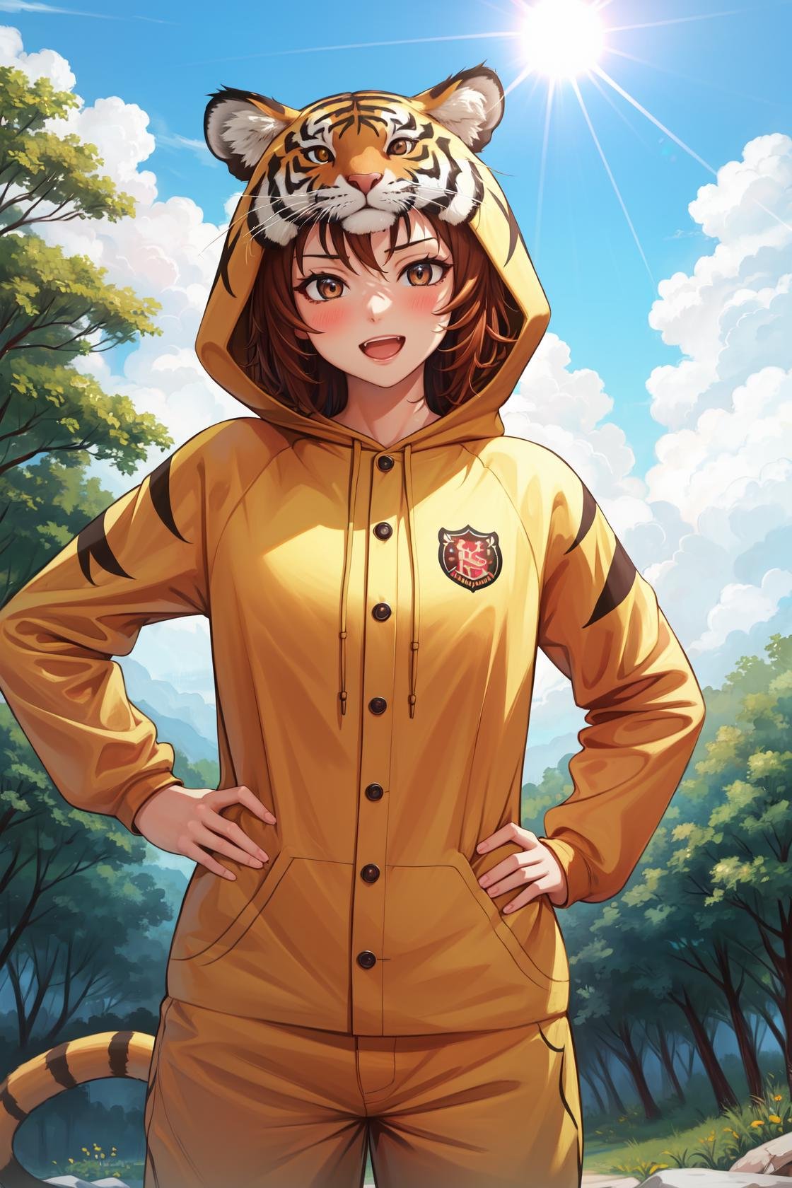 masterpiece, best quality, highres,PajamAnimal, 1girl, solo, blush, animal ears, tiger ears, hood, hoodie, animal hood, animal costume, tiger hood, tiger costume, pajamas, tiger tail, tiger print, cowboy shot, hands on hips, looking at viewer, forest, sunlight, cloudy, laughing, <lora:Concept_Pajamas:1>