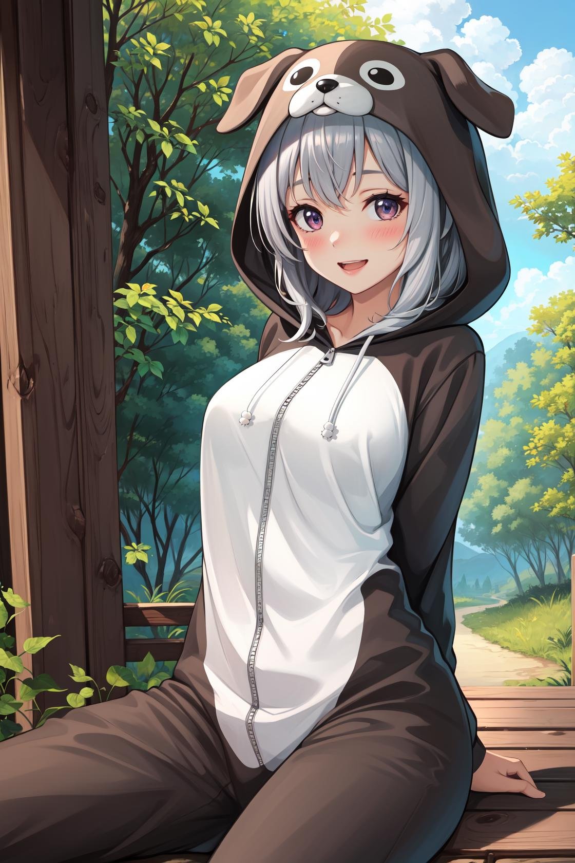 masterpiece, best quality, highres,PajamAnimal, 1girl, solo, blush, animal ears, grey hair, dog ears, hood, hoodie, animal hood, animal costume, dog hood, dog costume, pajamas, dog tail, sitting, leaning back, cowboy shot, arms behind back, looking at viewer, forest, sunlight, cloudy, laughing, <lora:Concept_Pajamas:1>