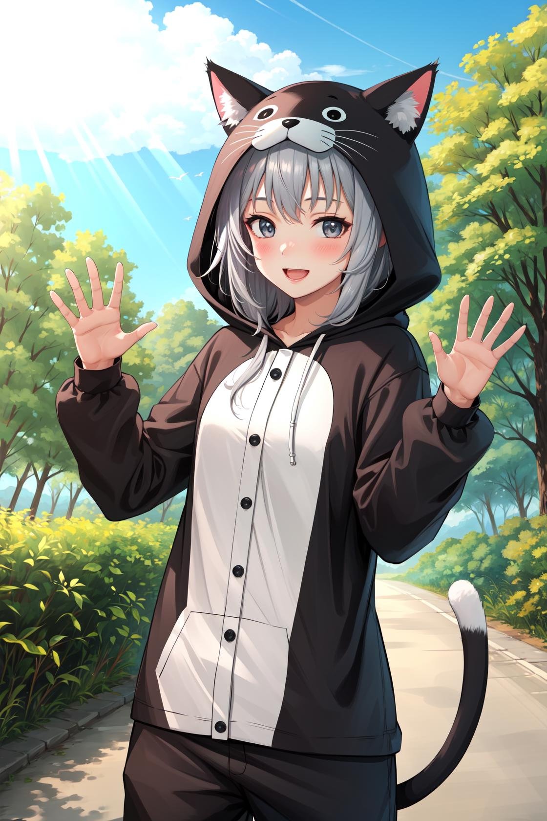 masterpiece, best quality, highres,PajamAnimal, 1girl, solo, blush, animal ears, grey hair, cat ears, hood, hoodie, animal hood, animal costume, cat hood, cat costume, pajamas, cat tail, cowboy shot, looking at viewer, waving, waving arms, forest, sunlight, cloudy, laughing, <lora:Concept_Pajamas:1>