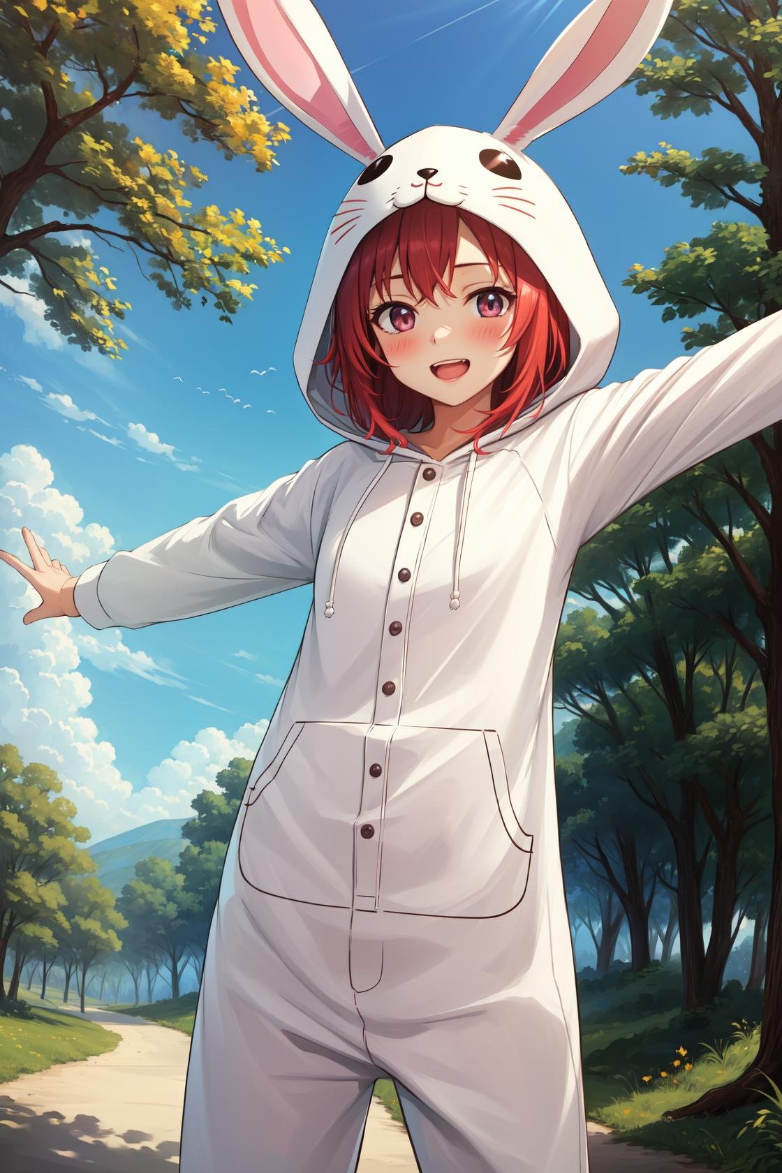masterpiece, best quality, highres,PajamAnimal, 1girl, solo, blush, animal ears, bunny ears, hood, hoodie, animal hood, animal costume, bunny hood, bunny costume, pajamas, bunny tail,cowboy shot, outstretched arms, spread arms, looking at viewer, forest, sunlight, cloudy, laughing, <lora:Concept_Pajamas:1>