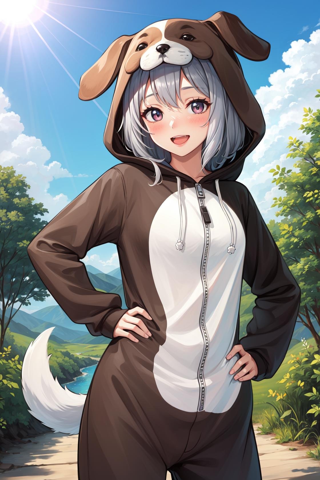 masterpiece, best quality, highres,PajamAnimal, 1girl, solo, blush, animal ears, grey hair, dog ears, hood, hoodie, animal hood, animal costume, dog hood, dog costume, pajamas, dog tail, cowboy shot, hands on hips, looking at viewer, forest, sunlight, cloudy, laughing, <lora:Concept_Pajamas:1>