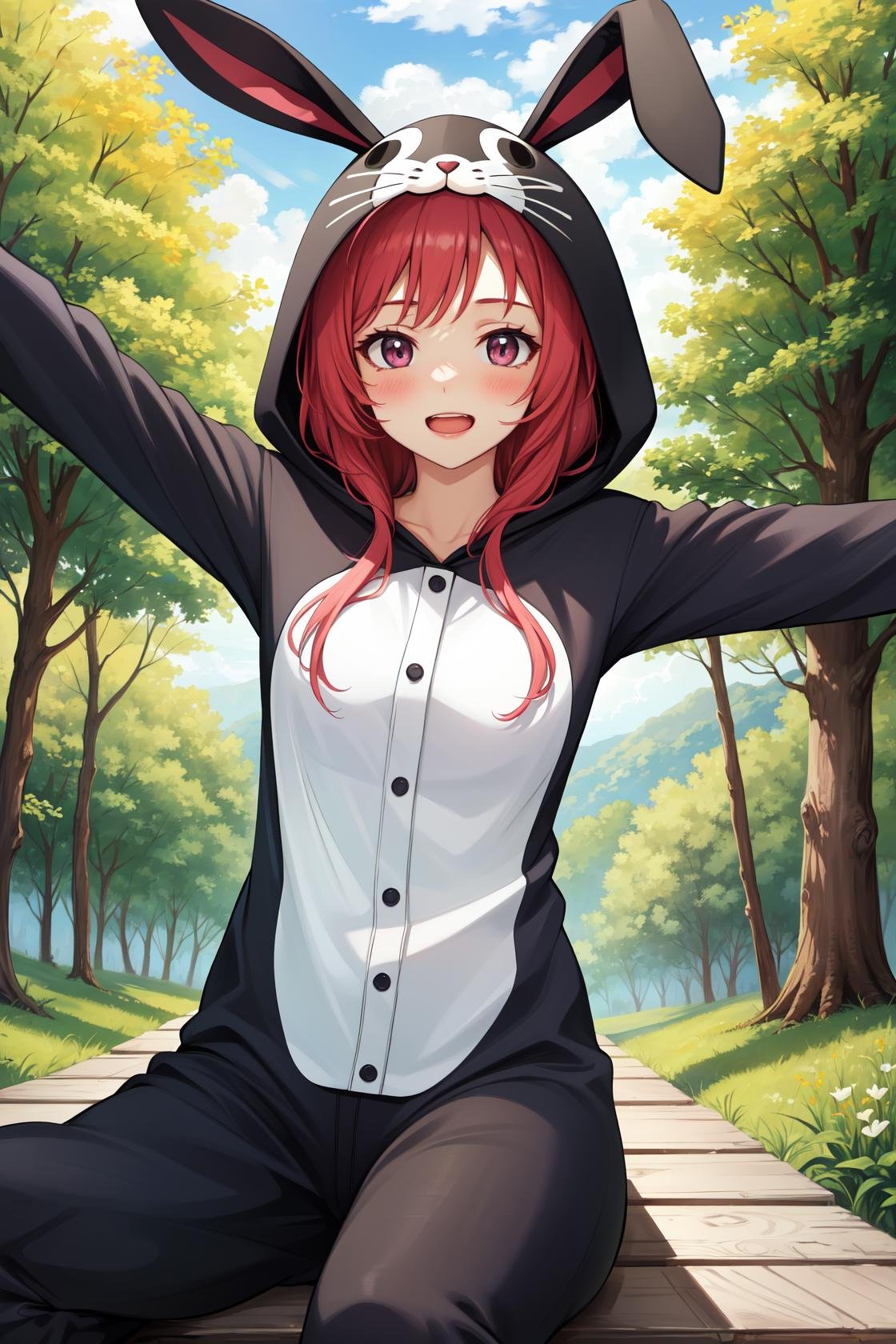 masterpiece, best quality, highres,PajamAnimal, 1girl, solo, blush, animal ears, bunny ears, hood, hoodie, animal hood, animal costume, bunny hood, bunny costume, pajamas, bunny tail,sitting, cowboy shot, outstretched arms, spread arms, looking at viewer, forest, sunlight, cloudy, laughing, <lora:Concept_Pajamas:1>