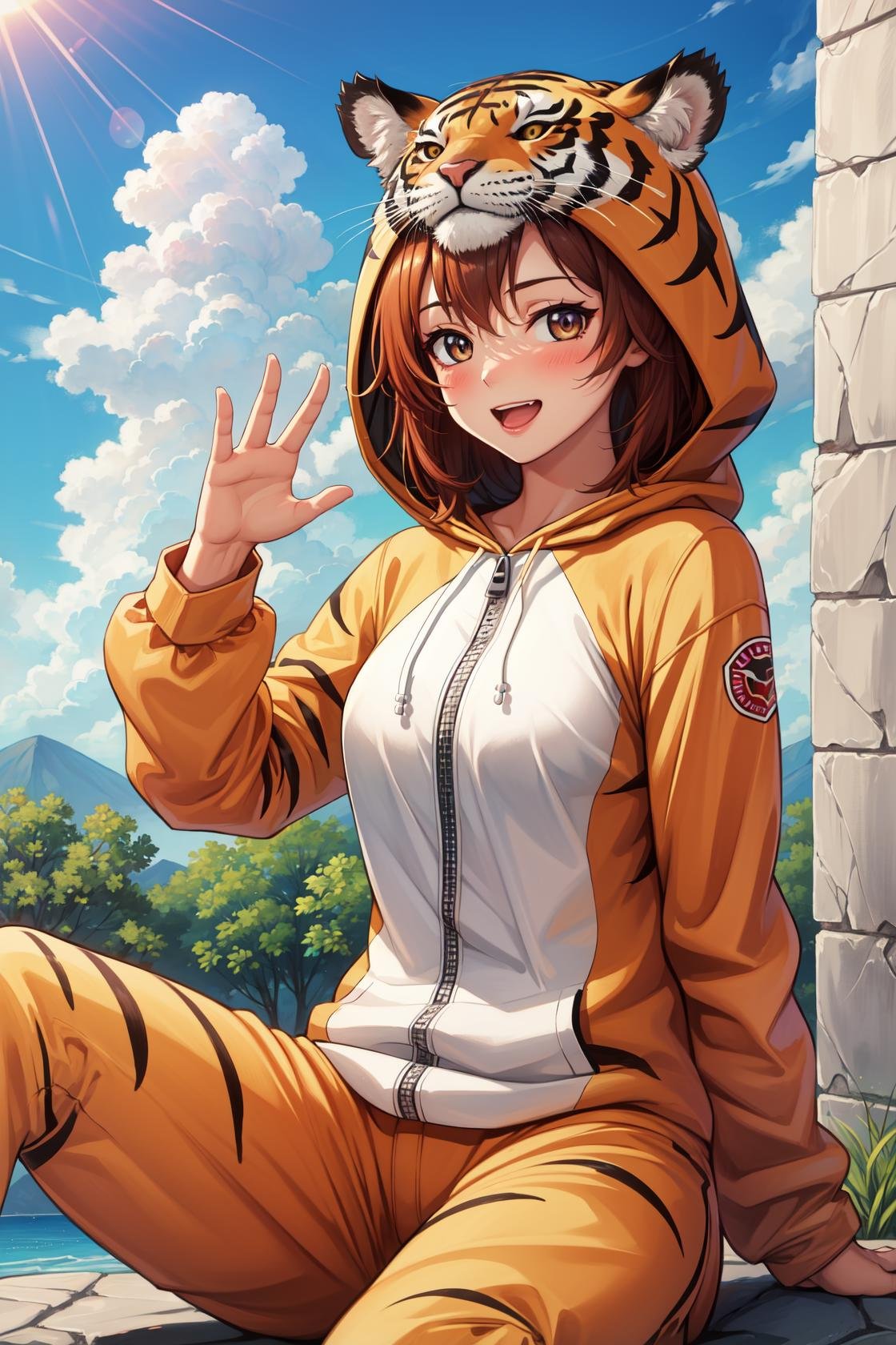 masterpiece, best quality, highres,PajamAnimal, 1girl, solo, blush, animal ears, tiger ears, hood, hoodie, animal hood, animal costume, tiger hood, tiger costume, pajamas, tiger tail, tiger print, sitting, cowboy shot, waving, waving arms, looking at viewer, forest, sunlight, cloudy, laughing, <lora:Concept_Pajamas:1>