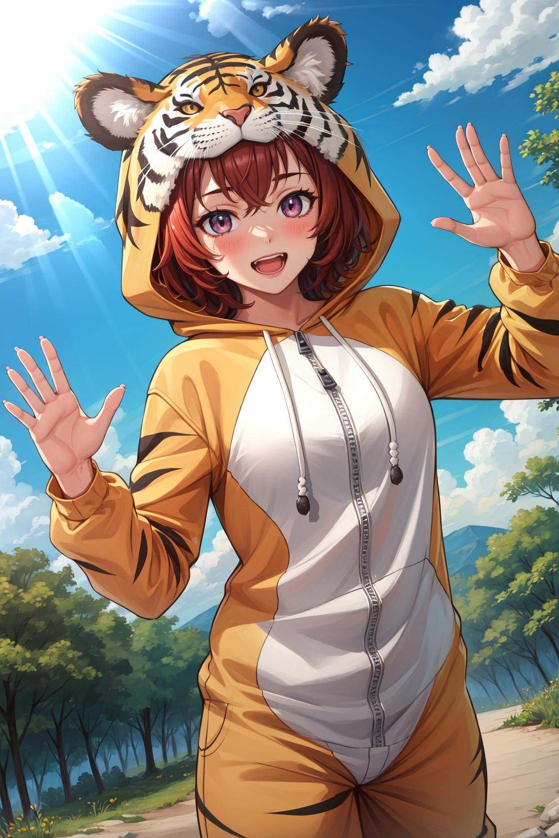 masterpiece, best quality, highres,PajamAnimal, 1girl, solo, blush, animal ears, tiger ears, hood, hoodie, animal hood, animal costume, tiger hood, tiger costume, pajamas, tiger tail, tiger print, cowboy shot, waving, waving arms, looking at viewer, forest, sunlight, cloudy, laughing, <lora:Concept_Pajamas:1>