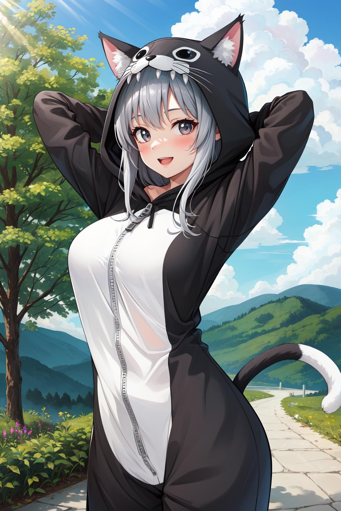 masterpiece, best quality, highres,PajamAnimal, 1girl, solo, blush, animal ears, grey hair, cat ears, hood, hoodie, animal hood, animal costume, cat hood, cat costume, tail, fur trim, fur collar, cowboy shot, looking at viewer, arms behind head, arms up, forest, sunlight, cloudy, laughing, <lora:Concept_Pajamas:1>