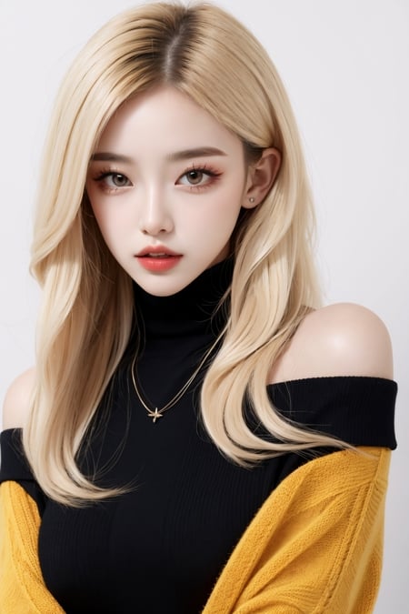 1girl, solo, long hair, looking at viewer, blonde hair, shirt, white background, jewelry, jacket, yellow eyes, upper body, parted lips, necklace, off shoulder, sweater, black shirt, eyelashes, turtleneck, black sweater,(young girl) ,(ulzzang-6500:0.4)