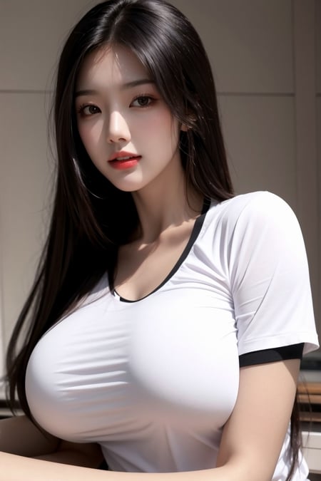 1girl, solo, long hair, looking at viewer, shirt, black hair, white shirt, upper body, teeth, hair over one eye, lips, realistic,(shiny skin),(huge breasts),young girl,extremely beautiful