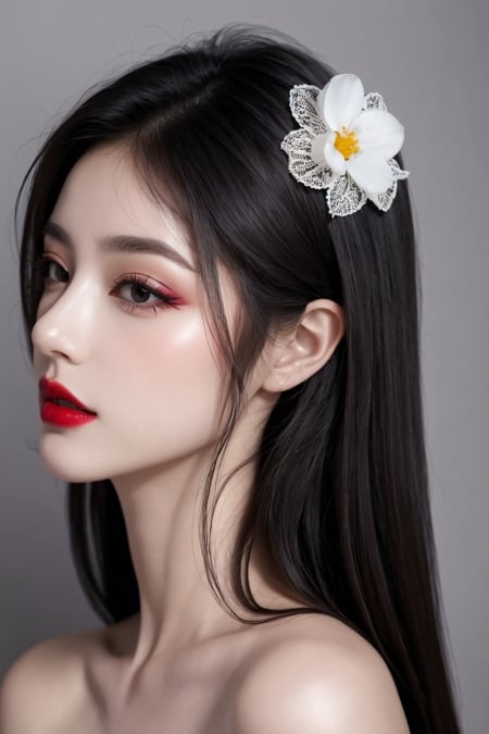 1girl, solo, long hair, black hair, hair ornament, closed mouth, flower, hair flower, grey background, lips, looking to the side, grey eyes, tattoo, makeup, mask, looking away, lipstick, portrait, realistic, red lips