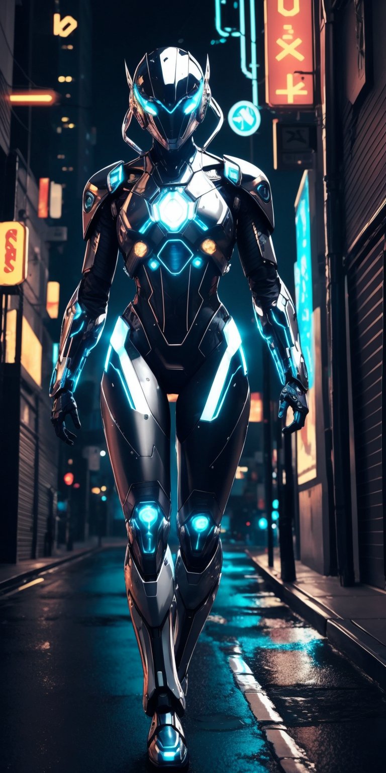  A lone cyborg with a shimmering, translucent exoskeleton pulsates with bioluminescent light, their elegant movements defying their gelatinous form as they navigate the neon alleyways. (cinematic, detailed, unique)
,Detailedface,photorealistic,Realism,Masterpiece,yk_cyborgs