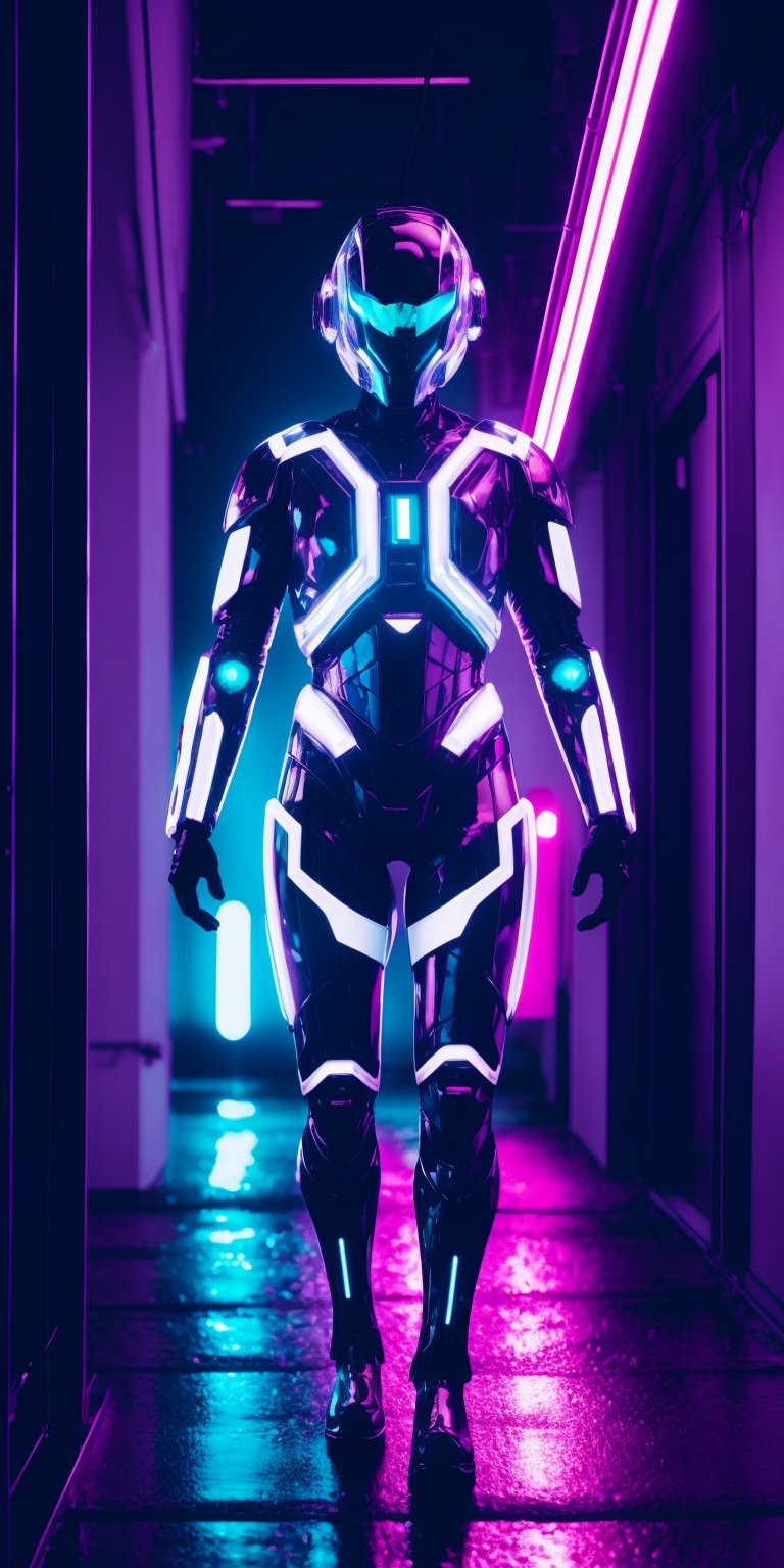  A lone cyborg with a shimmering, translucent exoskeleton pulsates with bioluminescent light, their elegant movements defying their gelatinous form as they navigate the neon alleyways. (cinematic, detailed, unique)
,Detailedface,photorealistic,Realism,Masterpiece,yk_cyborgs