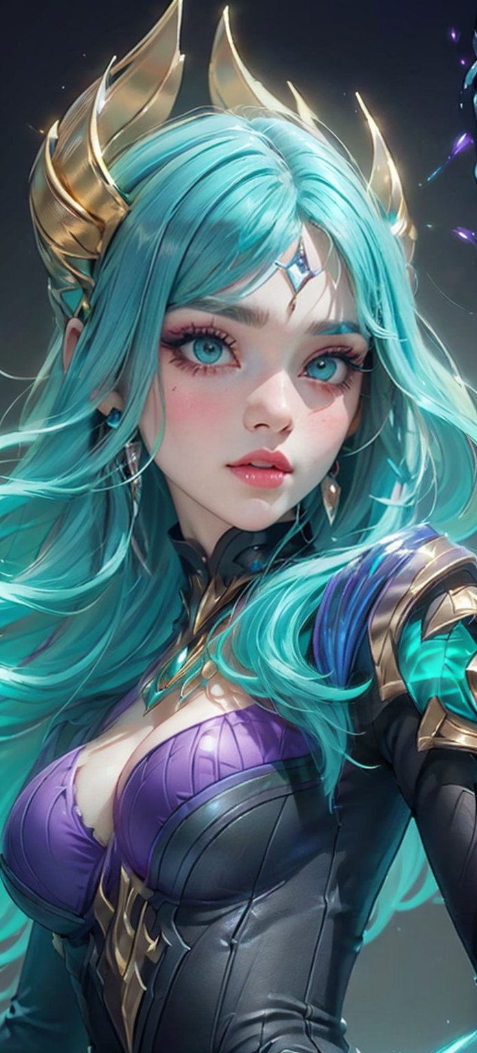 1girl, High detailed, (masterpiece, best quality, ultra-detailed, 8K), ((blank background)), vibrant colors, (long_hair, aqua_hair, parted_bangs, hair_ornament, headband,)), green_eyes, lips, ornament, (big_breasts, round_breast, big_boobs), ((dress, black_dress, purple_dress, cleavage, long_sleeves, ), ((gradient background)), (((upper_body, head and shoulder portrait, front_view,)) ,Vexana,jewelry, bronze, gem, magic, glowing, ((,floating object on shoulders)),Dress,High detailed, pauldrons, looking_at_viewer, ,High detailed ,Color magic