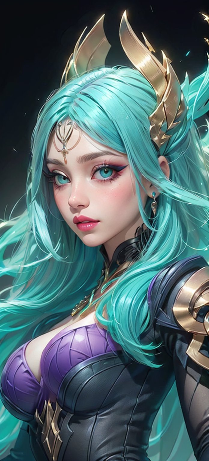 1girl, High detailed, (masterpiece, best quality, ultra-detailed, 8K), ((blank background)), vibrant colors, (long_hair, aqua_hair, parted_bangs, hair_ornament, headband, forehead_protector,)), green_eyes, lips, ornament, (big_breasts, round_breast, big_boobs), ((dress, black_dress, purple_dress, cleavage, long_sleeves, ), ((gradient background)), (((upper_body, head and shoulder portrait, front_view,)) ,Vexana,jewelry, bronze, gem, magic, glowing, ((,floating object on shoulders)),Dress,High detailed, pauldrons, looking_at_viewer, ,High detailed ,Color magic