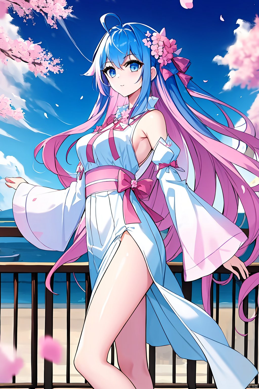 1girl, solo, long hair, breasts, looking at viewer, bangs, blue eyes, large breasts, hair ornament, long sleeves, dress, bow, ribbon, bare shoulders, medium breasts, very long hair, blue hair, standing, pink hair, flower, ahoge, thighs, multicolored hair, outdoors, detached sleeves, sky, hair flower, wide sleeves, white dress, from side, two-tone hair, petals, bare legs, gradient hair, feet out of frame, cherry blossoms, pelvic curtain, pink flower, side slit, railing