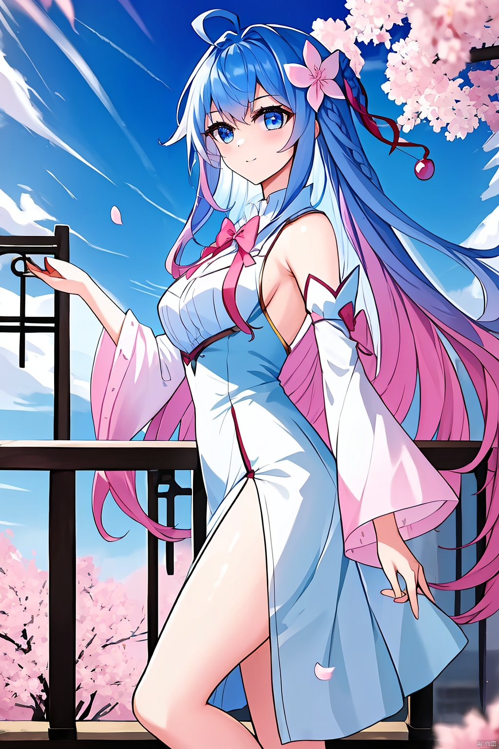 1girl, solo, long hair, breasts, looking at viewer, bangs, blue eyes, large breasts, hair ornament, long sleeves, dress, bow, ribbon, bare shoulders, medium breasts, very long hair, blue hair, standing, pink hair, flower, ahoge, thighs, multicolored hair, outdoors, detached sleeves, sky, hair flower, wide sleeves, white dress, from side, two-tone hair, petals, bare legs, gradient hair, feet out of frame, cherry blossoms, pelvic curtain, pink flower, side slit, railing