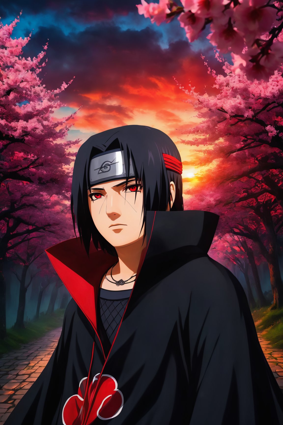 (best quality,4k,8k,highres,masterpiece:1.2),ultra-detailed,(realistic,photorealistic,photo-realistic:1.37),Itachi Uchiha,portrait,detailed eyes,serious expression,Sharingan activated,intense gaze,pale skin,black hair,flowing hair,headband,hidden leaf village symbol,black cloak with red clouds,background of dark shadows and falling cherry blossoms,artistic lighting,colorful sunset,hauntingly beautiful,sharp focus,emotionally captivating,studio lighting,vivid colors