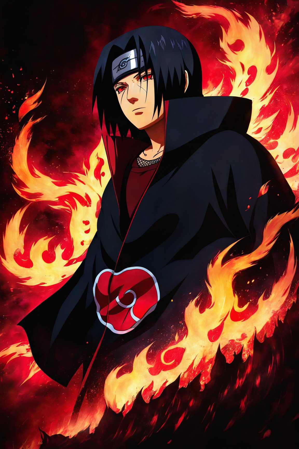 Itachi Uchiha,portrait,(best quality,4k,8k,highres,masterpiece:1.2),ultra-detailed,(realistic,photorealistic,photo-realistic:1.37),dark and intense,red,black and white,haunting eyes,meticulously drawn face and hair,cold expression,sharingan,akatsuki cloak,amazing lighting effect,emblem of the Uchiha clan,background of flames,uchiha fan,shadows and highlights,sharp focus,vivid colors,splashes of blood,mysterious aura,composed and deadly disposition,eye-catching details