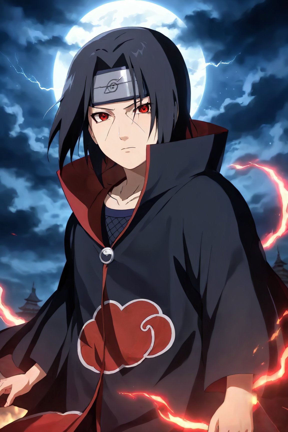 (best quality,4k,8k,highres,masterpiece:1.2),ultra-detailed,portrait,fan art,anime,Itachi Uchiha,sharingan,red eyes,black hair,fierce expression,serious look,unique attire,flowing cloak,nighttime scene,moonlit background,shadows,dynamic pose,lightning effect,genius prodigy,ninja warrior,jutsu mastery,hidden power,dark aura,ultra-high contrast,black and white color scheme,sharp lines,intense atmosphere,stoic demeanor