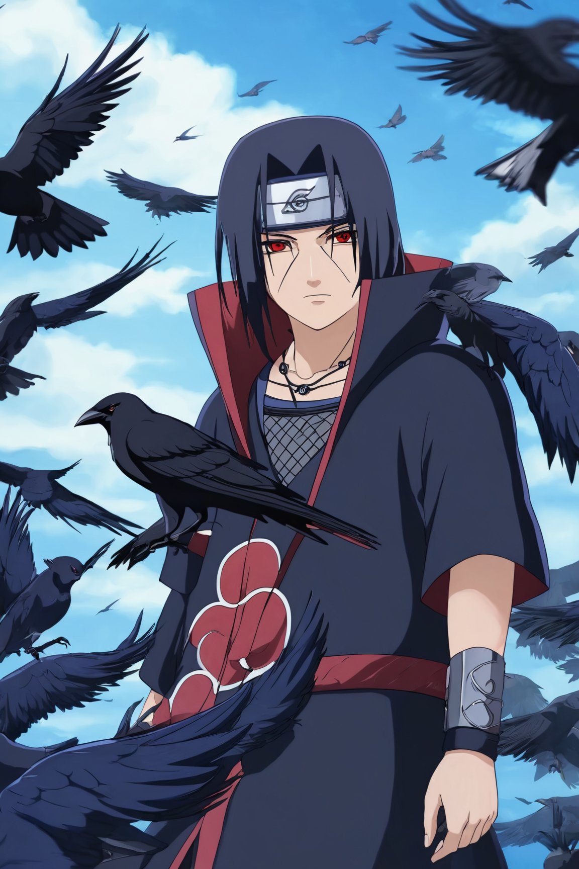 Itachi Uchiha,Sharingan eyes, solo,long hair,looking at viewer,black hair,1boy,jewelry,closed mouth,male focus,necklace,headband,bird,feathers,ninja,forehead protector,crow,flock