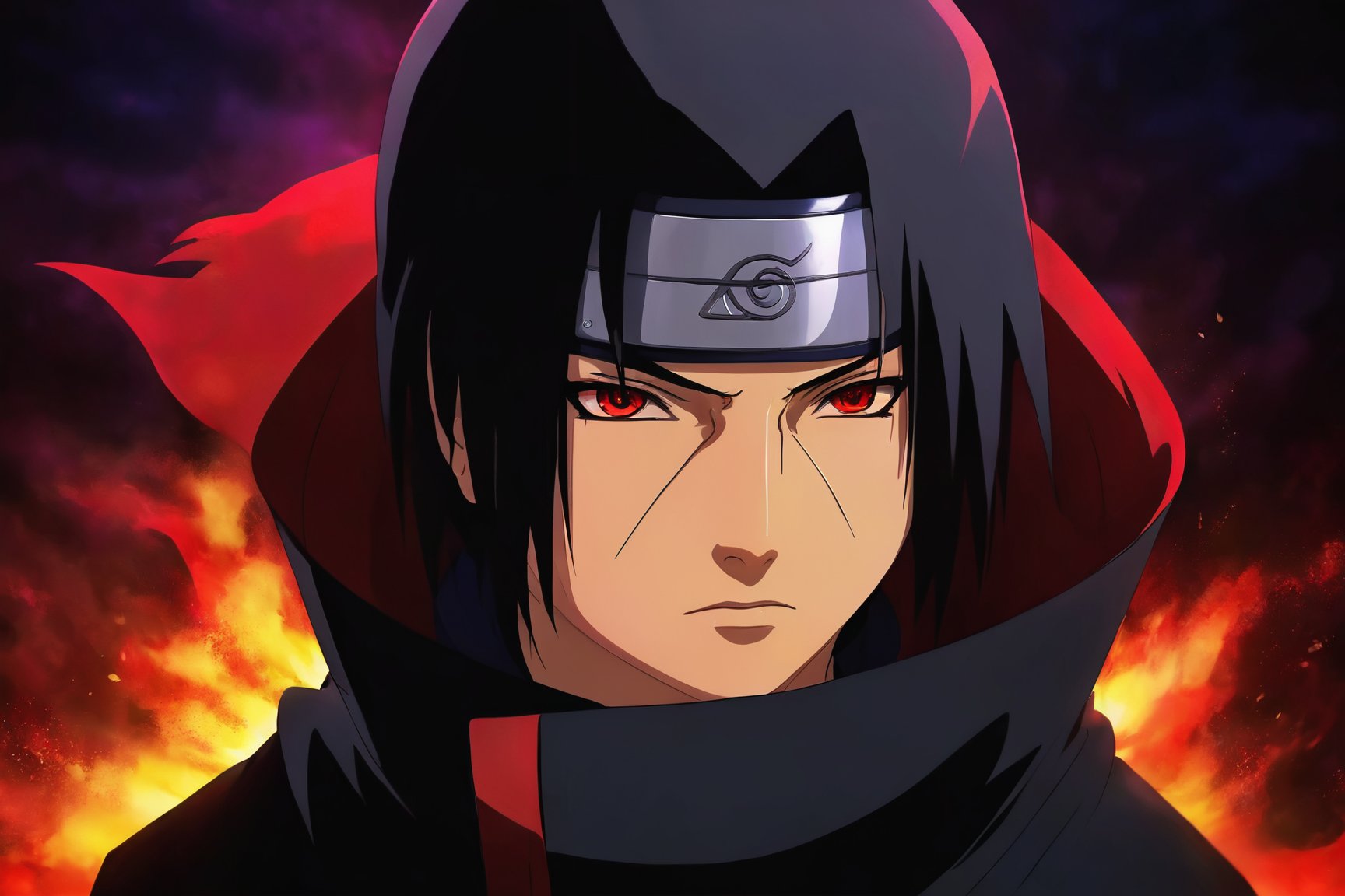 (realistic,portrait:1.2), Itachi Uchiha, detailed facial features, Sharingan eyes, black spiky hair, intense gaze, expressionless face, flowing cloak, mysterious background, dark color palette, dramatic lighting, high contrast, vivid colors, fine details, emotionally captivating, skilled ninja, powerful aura, profound character