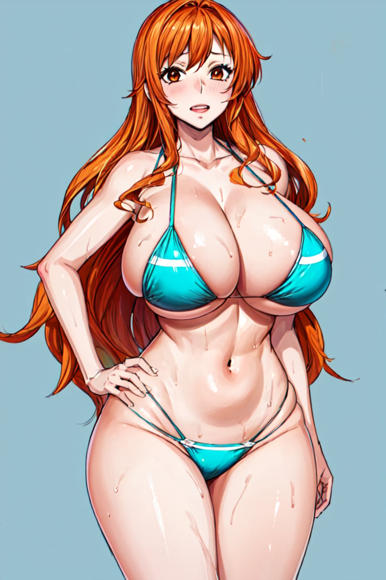 master piece , high quality,lights,1girl,huge_breasts,orange hair ,bikini,nami,long hair,sexy girl,simple background,thigh,wide_hips,beach,sexy pose