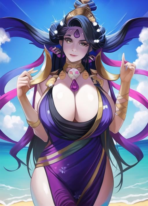 nyx (hades), masterpiece, best quality, 1girl, solo, beach, 