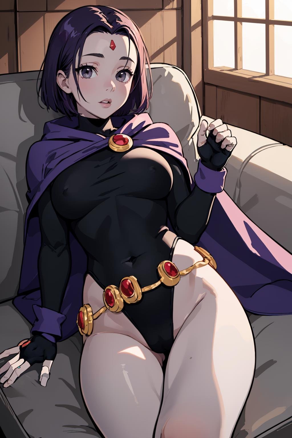 (masterpiece, best quality:1.2),  <lora:raven:.95>, raven, 1girl, solo, breasts, medium breasts, gloves, belt, fingerless gloves, cape, leotard, colored skin, highleg, black leotard, highleg leotard, grey skin, forehead jewel, loose belt, indoors, lying, couch, 