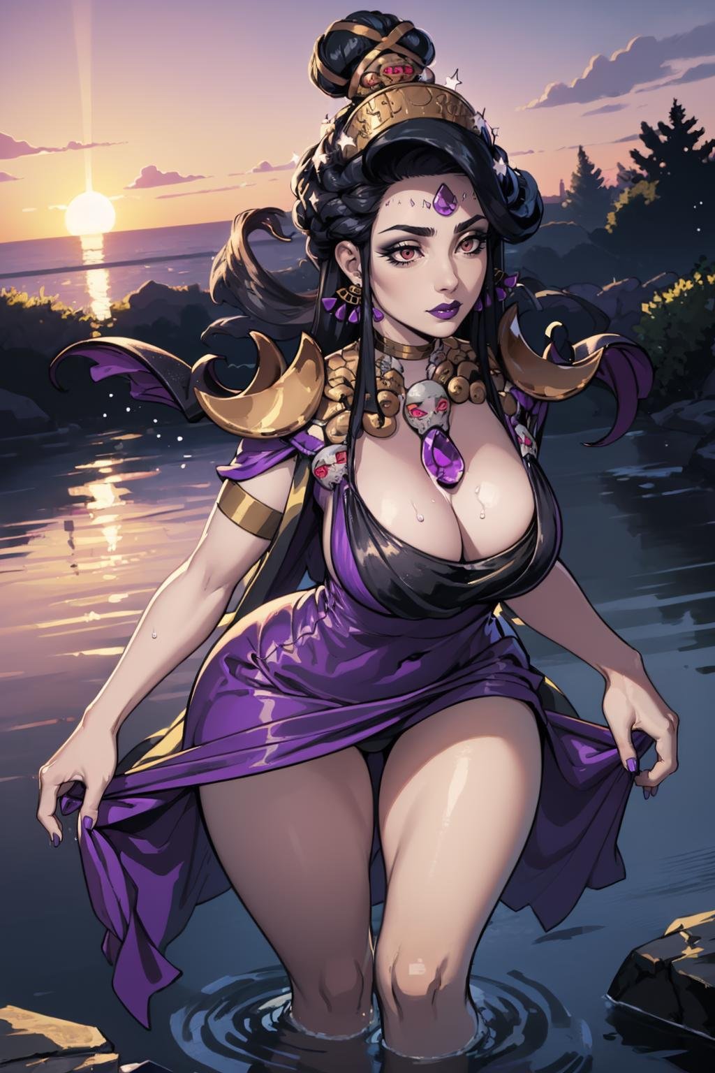 (masterpiece, best quality:1.2),  <lora:nyx:1>, nyx, 1girl, solo, breasts, large breasts, dress, jewelry, earrings, makeup, lipstick, pale skin, mature female, purple nails, purple lips, water, sunset, reflection, wading, wet clothes, holding dress, running, splashing, 