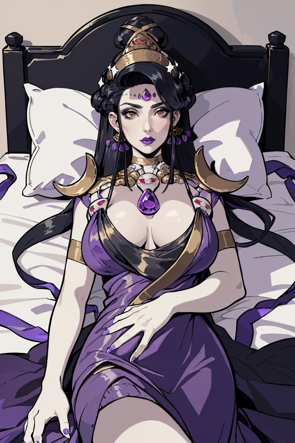 (masterpiece, best quality:1.2),  <lora:nyx:1>, nyx, 1girl, solo, breasts, large breasts, dress, jewelry, earrings, makeup, lipstick, pale skin, mature female, purple nails, purple lips, indoors, lying, bed, on back, looking at viewer, pillow, bed sheet, 