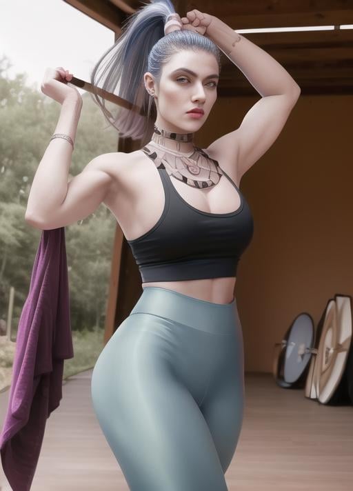 megaera (hades), masterpiece, best quality, cowboy shot, 1girl, solo, toned, tank top, leggings, park, yoga mat, 