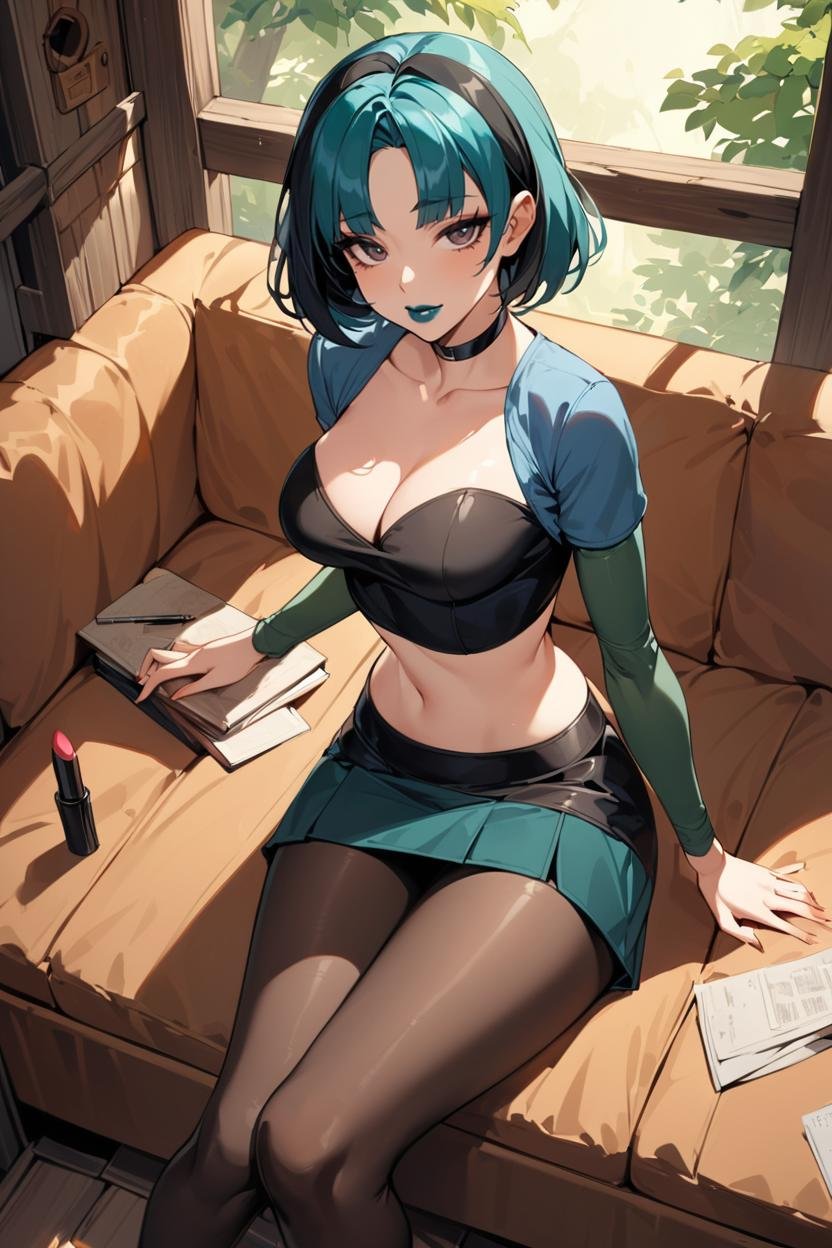 masterpiece, best quality, 1girl, solo, looking at viewer, breasts, <lora:gwentdXL-guy-v101:.95>, gwentd, two-tone hair, lipstick, choker, crop top, long sleeves, midriff, skirt, pantyhose, indoors, treehouse, tree, lying, from above, couch, on couch, 