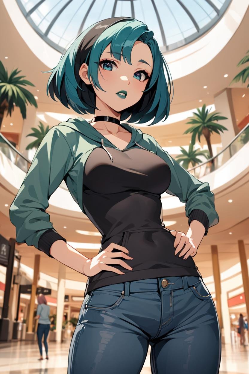 masterpiece, best quality, 1girl, solo, looking at viewer, breasts, <lora:gwentdXL-guy-v101:.9>, gwentd, two-tone hair, lipstick, mall, indoors, depth of field, outdoors, palm tree, skylight, sunlight, shadow, hoodie, jeans, fountain, choker, standing, shirt, hands on hips, 