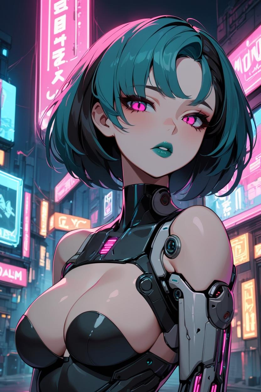 masterpiece, best quality, 1girl, solo, looking at viewer, breasts, <lora:gwentdXL-guy-v101:.9>, gwentd, two-tone hair, lipstick, outdoors, city, cyberpunk, neon lights, cyborg, mechanical parts, cybernetic, 