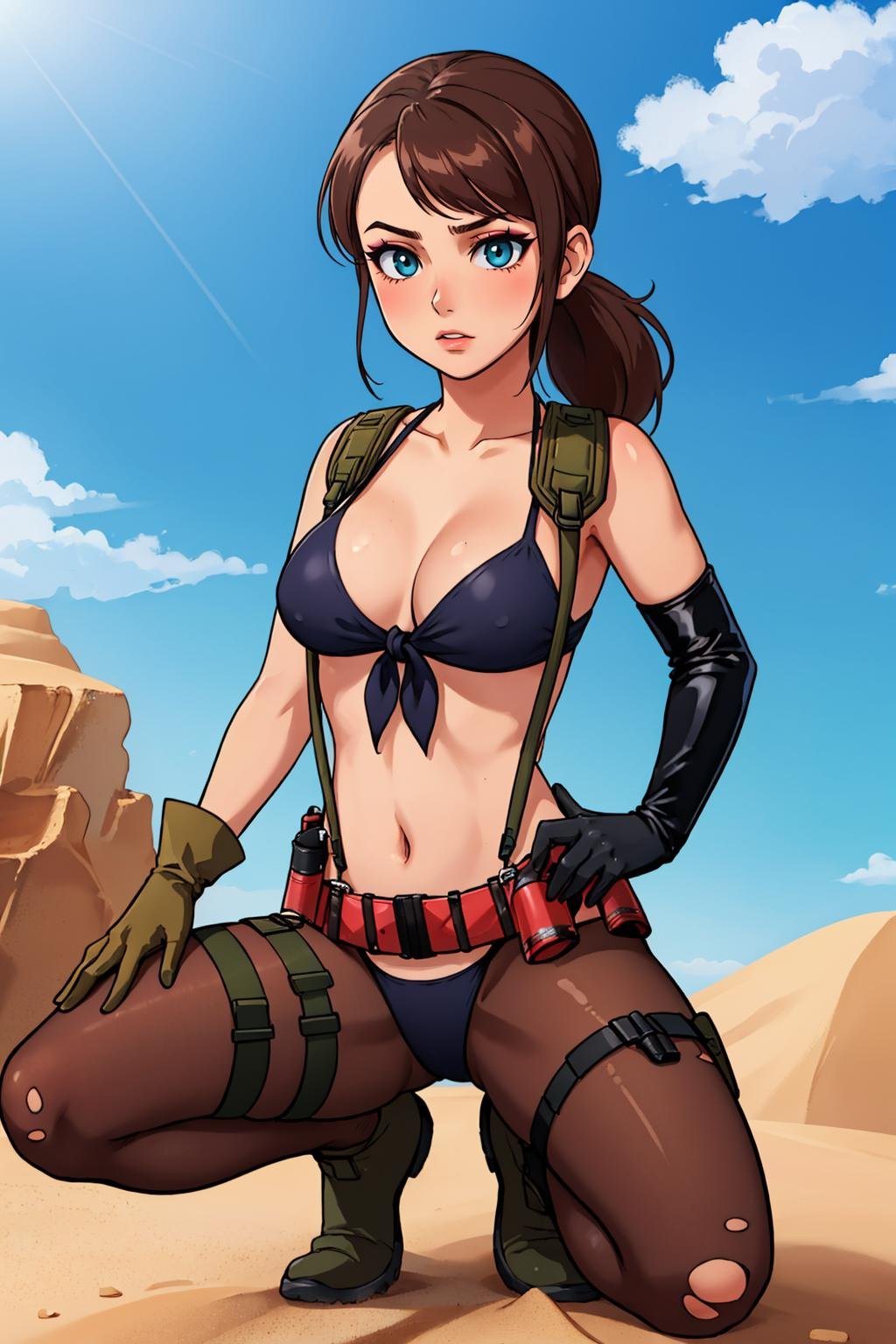 masterpiece, best quality, 1girl, solo, breasts,  <lora:quietmetalgear-guy-v3:1>, quietmetalgear, ponytail, makeup, eyeshadow, bikini, front-tie top, suspenders, gloves, single elbow glove, thigh holster, holster, torn pantyhose, outdoors, desert, sand, squatting, footprints, rock, 